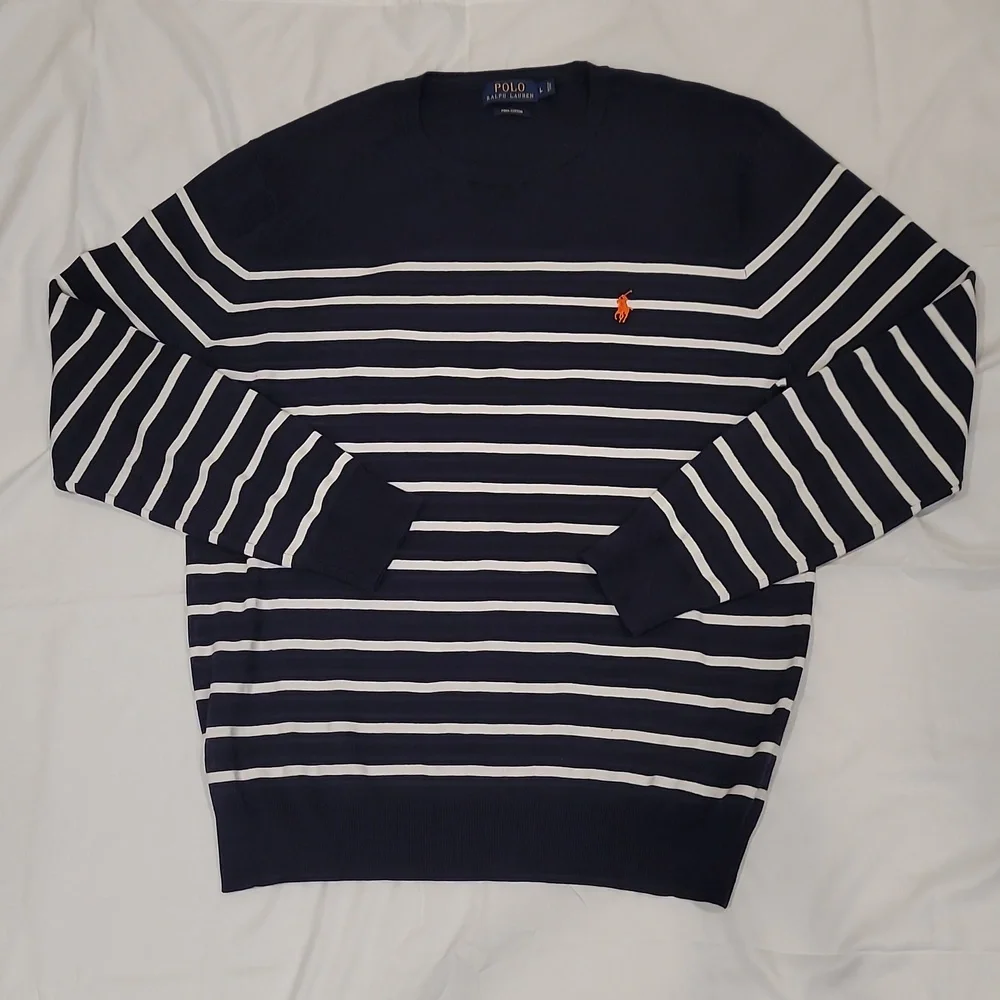 Polo Ralph Lauren Navy Orange Logo Striped Cotton Knit Sweater Men’s Large L - Picture 2 of 7